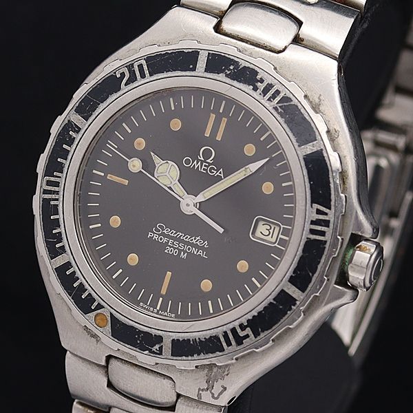 1円 オメガ QZ シーマスター プロフェッショナル200M 黒文字盤 デイト ラウンド メンズ腕時計 0025300 NKG