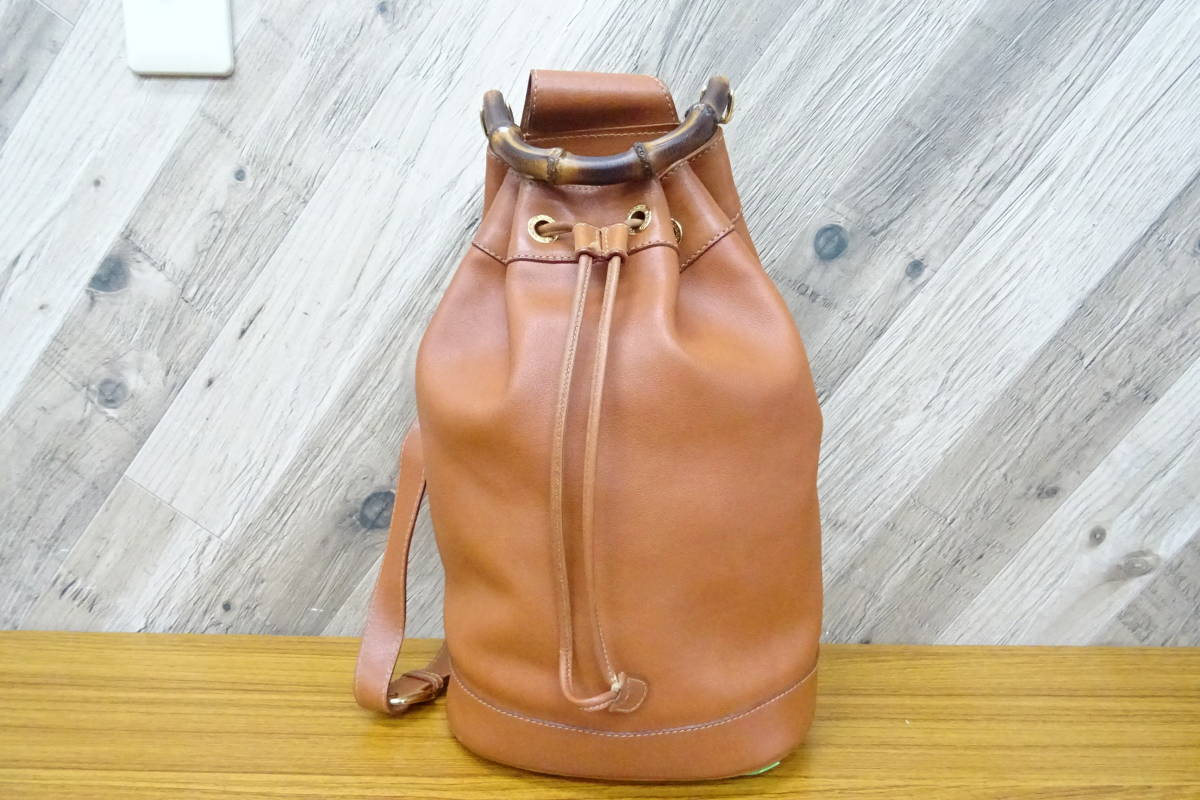 K梅田05016KS] GUCCI グッチ バンブー レザー 巾着型 ワンショルダー 