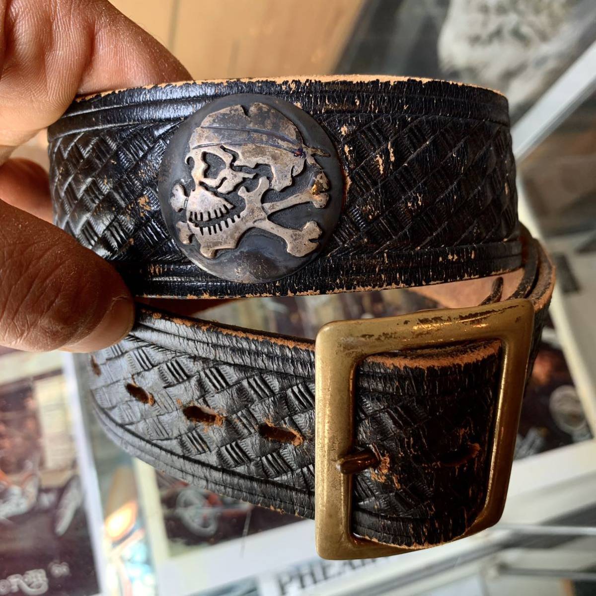 希少スカルスタッズコンチョ 50's〜60's ヴィンテージ スタンピングレザー ギャリソン ベルト 茶芯 ハーレー buco at last&co 30's 40's