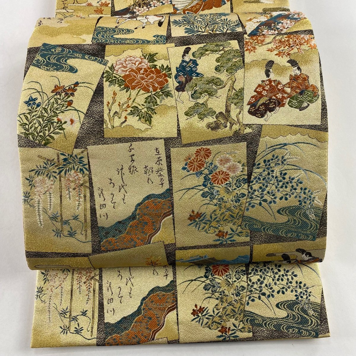 袋帯 美品 秀品 百人一首 金糸 箔 金色 六通 正絹 【中古】 【公式通販】