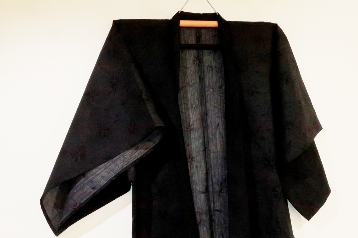 壱日1933 遠州木綿男羽織 裄69К薄墨地毛槍文様 新品仕立て上がり 琉球筒袖十徳仕立て