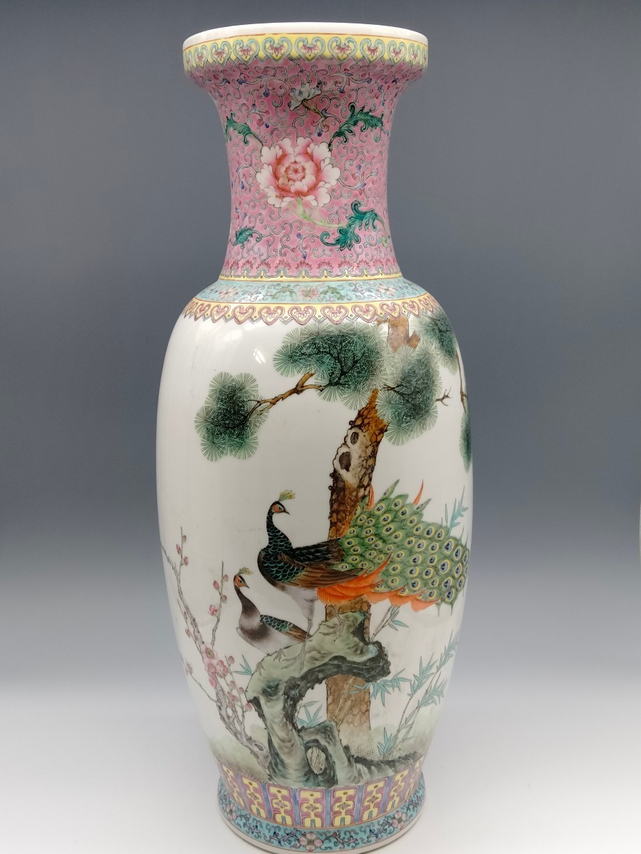 景徳鎮 花鳥紋 : 景徳 民国 題詞 乾隆年製款 粉彩色絵