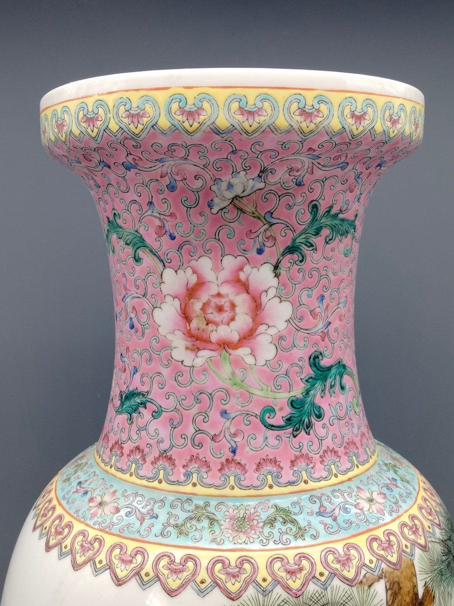 景徳鎮 花鳥紋 : 景徳 民国 題詞 乾隆年製款 粉彩色絵