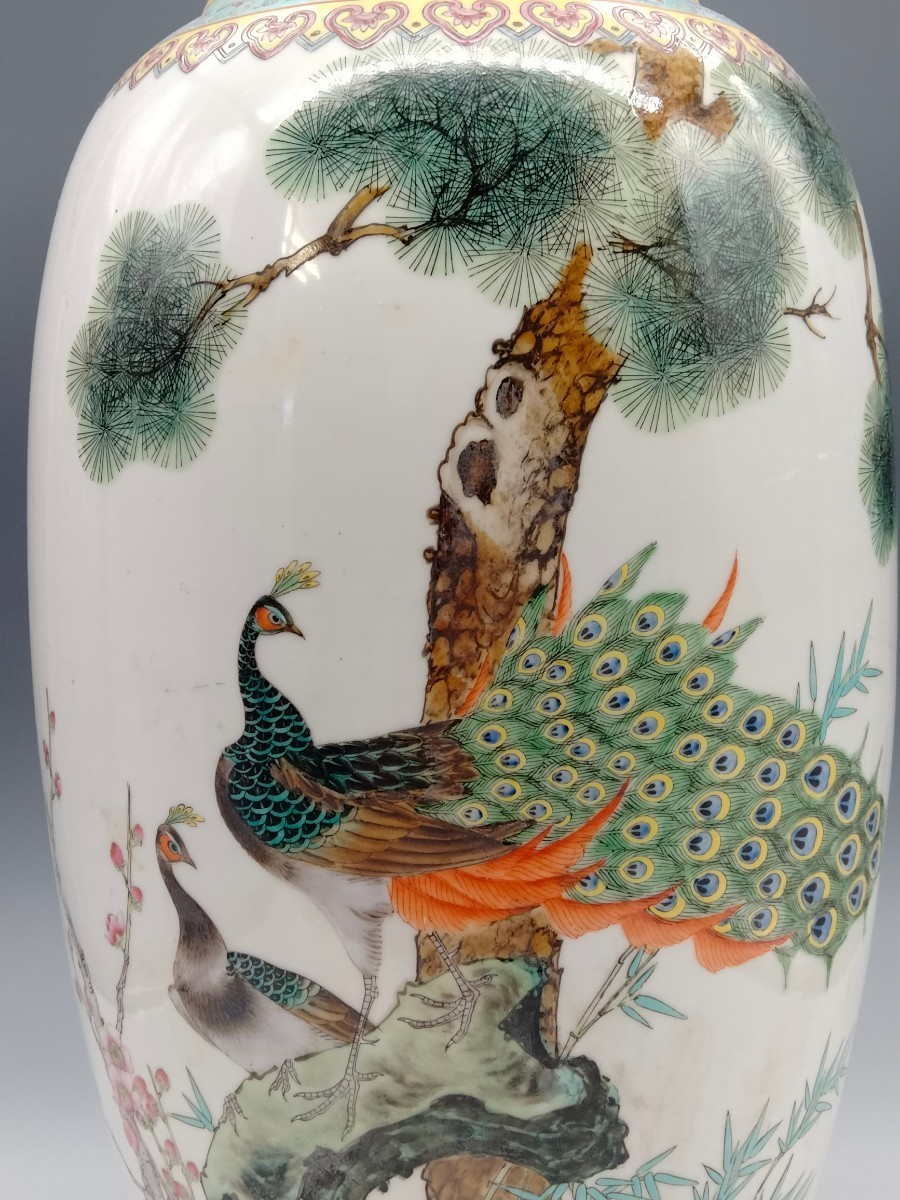 景徳鎮 花鳥紋 : 景徳 民国 題詞 乾隆年製款 粉彩色絵