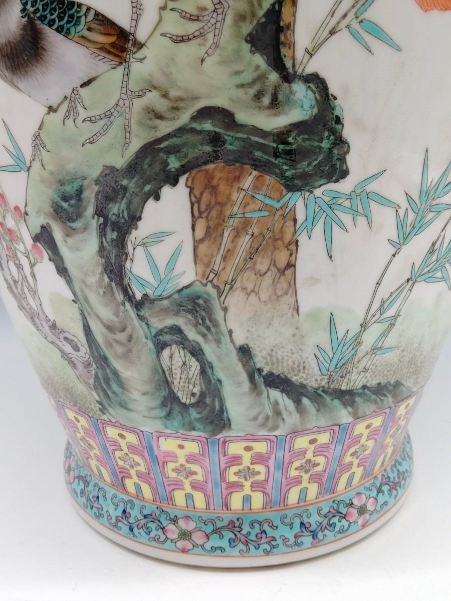 景徳鎮 花鳥紋 : 景徳 民国 題詞 乾隆年製款 粉彩色絵