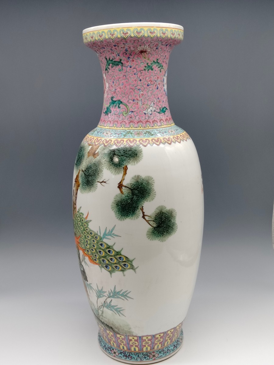 乾隆粉彩花鳥四方円口花瓶 景徳鎮 陶磁器 装飾品 工芸品 美術品 置物 景徳鎮 花鳥紋 : 景徳 民国 題詞 乾隆年製款 粉彩色絵