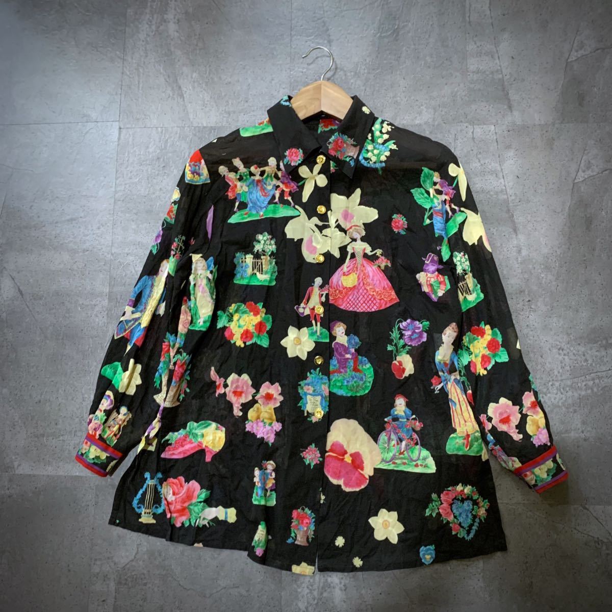 1円~ ＊ 良品 日本製 'ラグジュアリーウェア' LEONARD FASHION レオナール 長袖 総柄 ボタンシャツ size9R レディース 高級婦人服 トップス