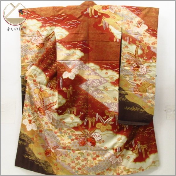 ★着物10★ 1円 絹 振袖 金彩 桐 舞蝶 橘 桜 七宝 亀甲 袷 身丈169cm 裄68.5cm [同梱可] ☆☆☆☆