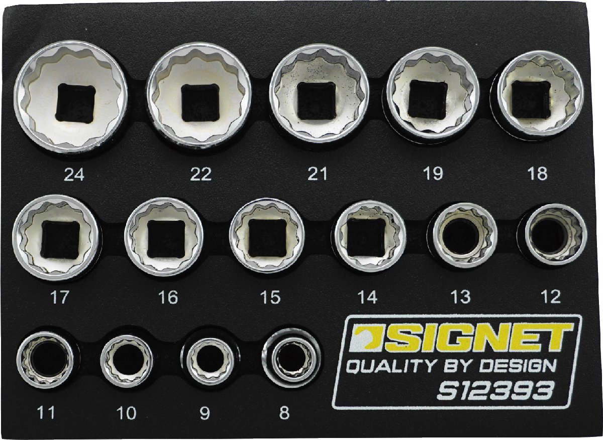 SIGNET (シグネット) 12393 3/8DR 15PC ソケットセット12角 DESIGNトレー 品番 12393 十二角タイプ ミラー仕上げのメッキが美しい