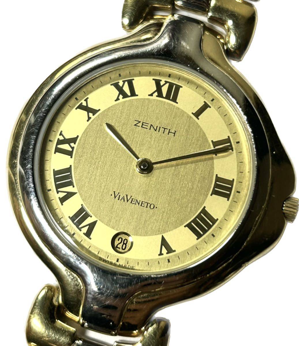 １円〜 T 流通少 ゼニス VIAVENETO 59-0210.115 ゴールドモデル 稼動品 メンズ クォーツ デイト アンティーク 付属品 箱 時計 6170353