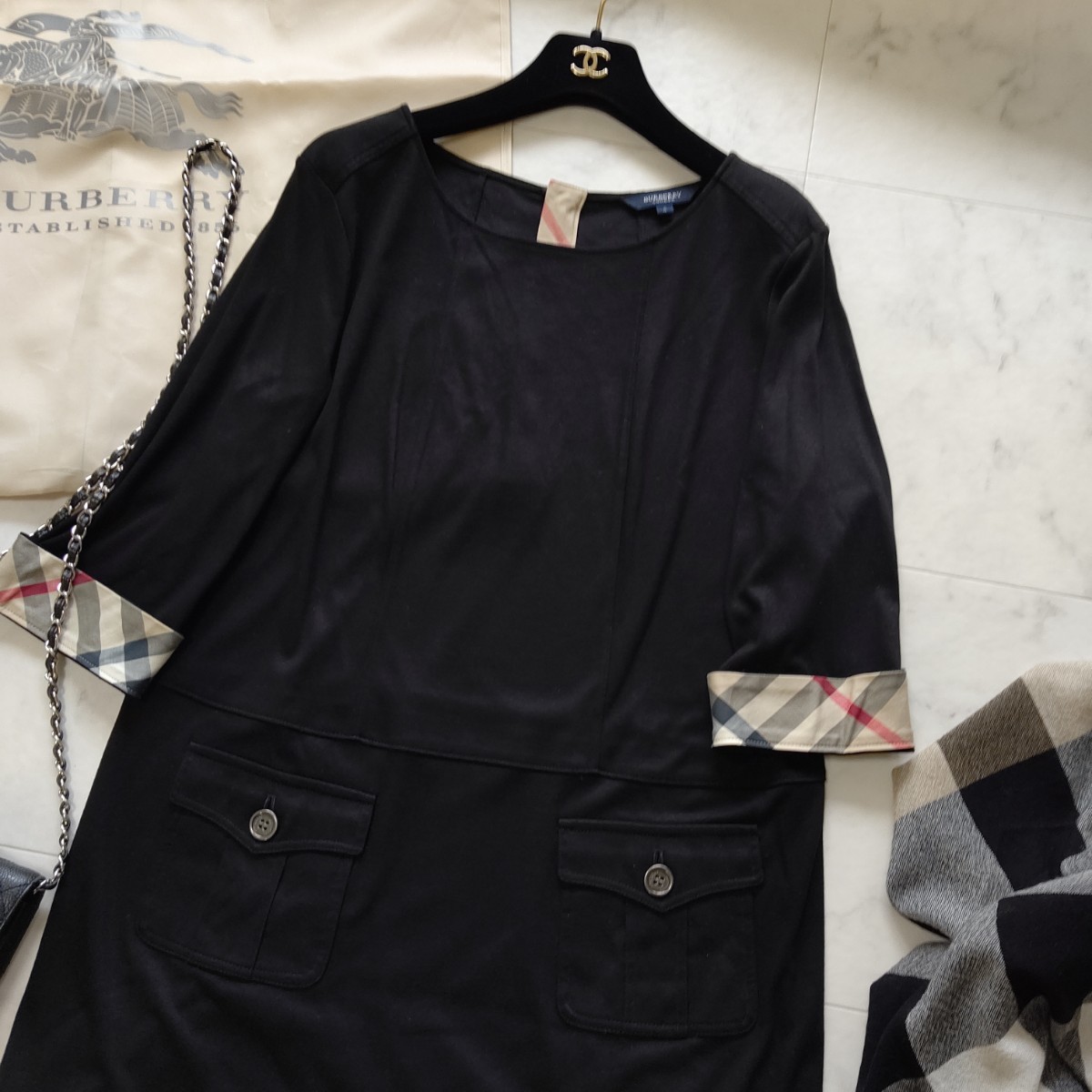 美品 Burberry バーバリー チュニック ミニワンピース リネン混