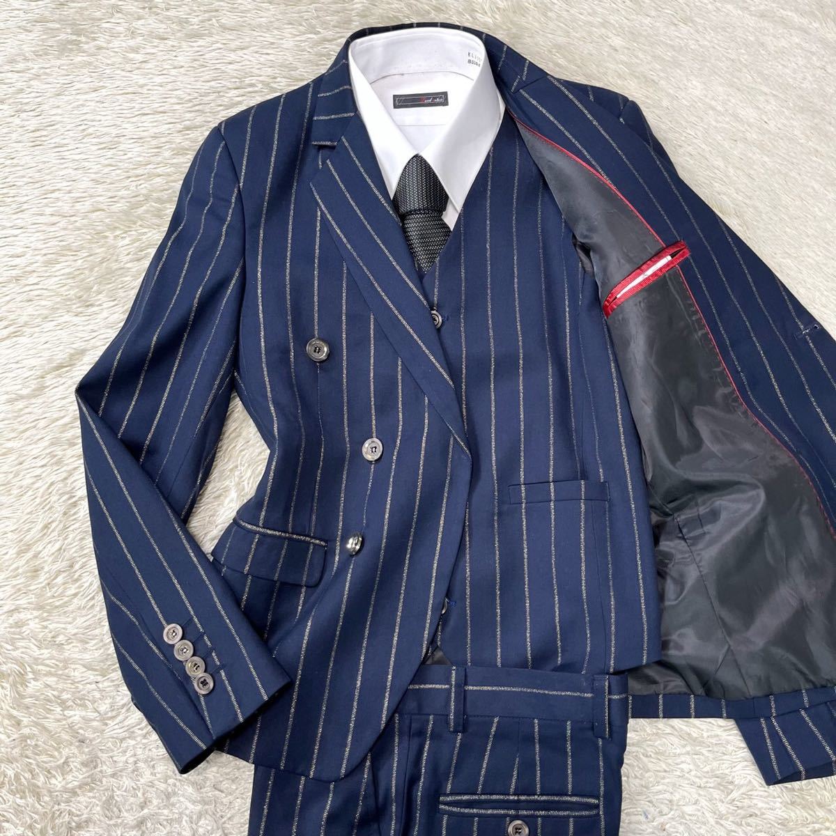 【圧巻の3ピース】スーツ　セットアップ　スリーピース　ダブル　テーラードジャケット　ストライプ　ネイビー　濃紺
