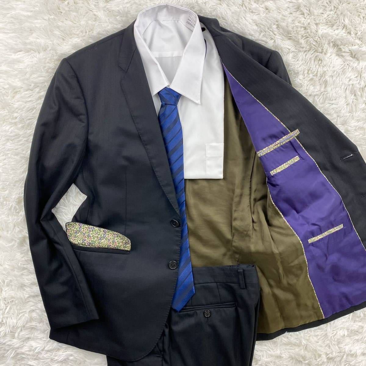 ポールスミス【隠れたお洒落】Paul Smith LONDON スーツ 裏地パープル 花柄パイピング ストライプ 黒 ブラック M2 ウール100% 毛