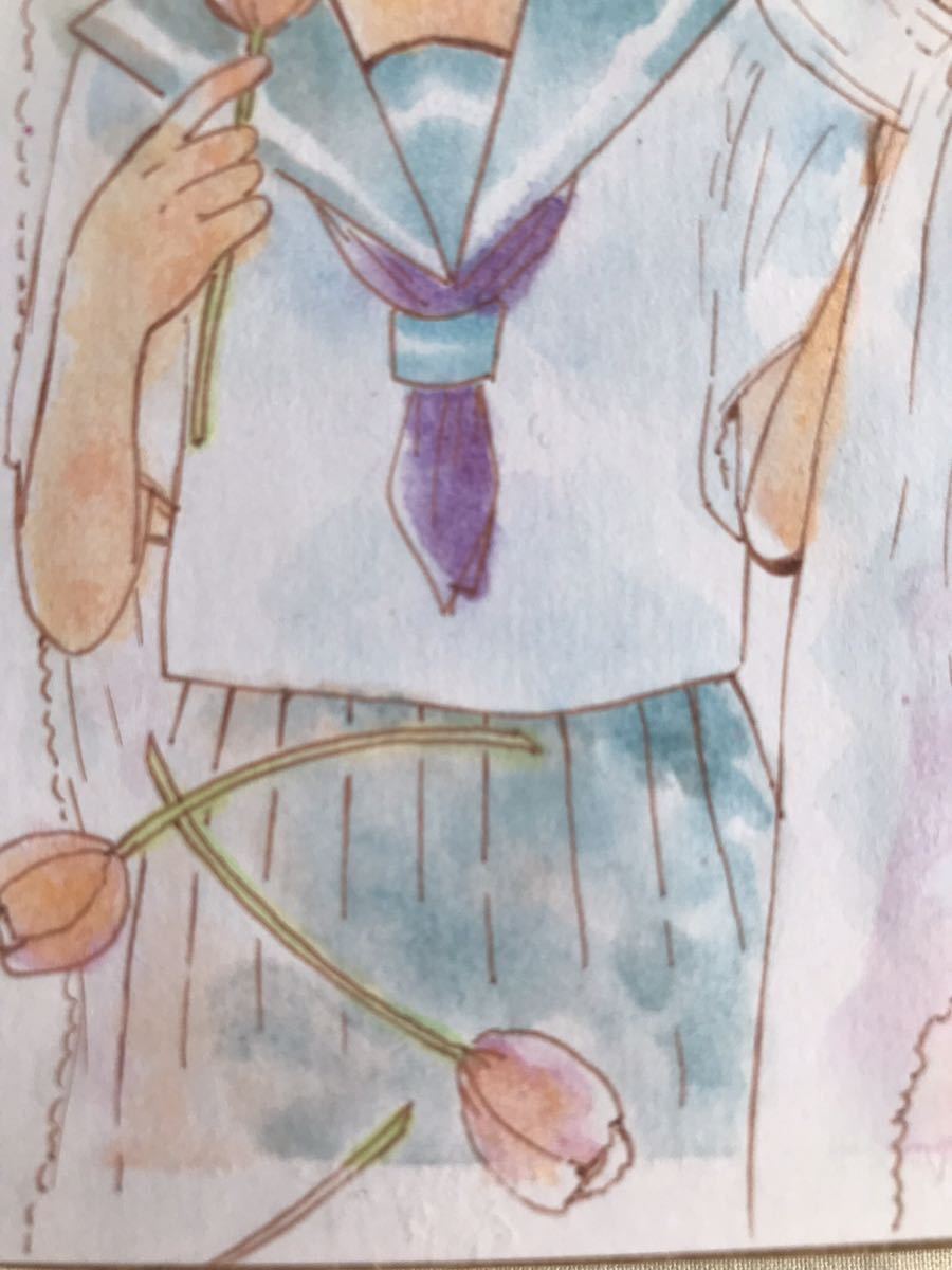 オリジナル手描きイラスト】チューリップ 女の子 制服 水彩色鉛筆  