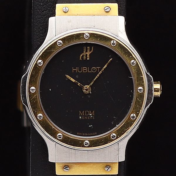 1円 稼働 良品 ウブロ QZ 1280.2 クラシックコンパートメント 黒文字盤 SS×YG ラウンド レディース腕時計 0025300KYM