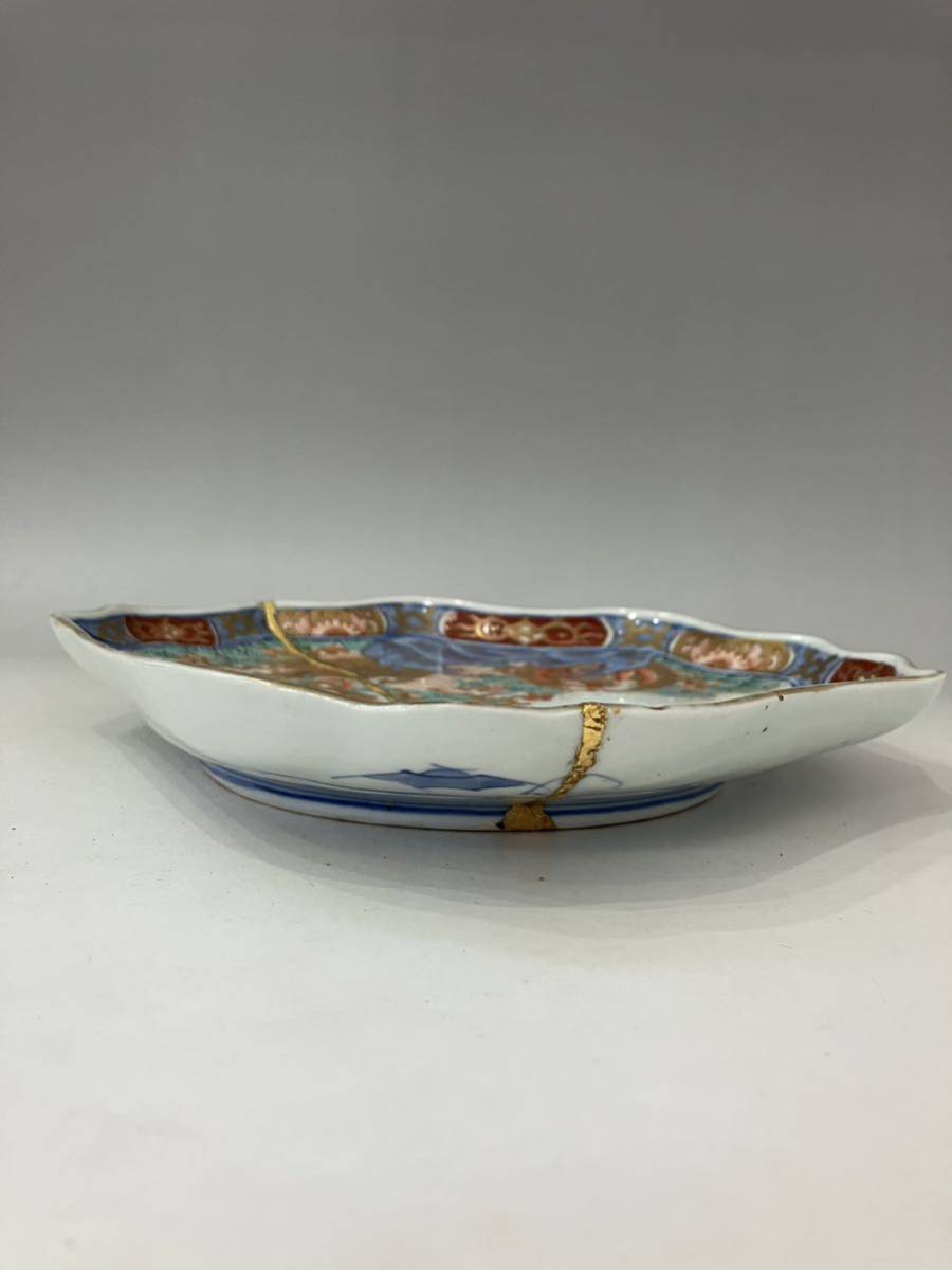名逸品特別出品 江戸時代 大聖寺伊万里色絵金彩浦島太郎図富士形皿