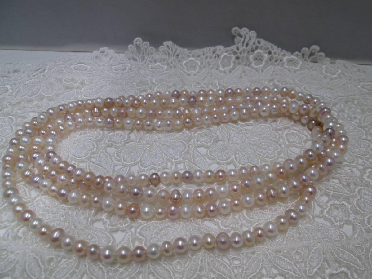 【2106】淡水パール　ロングネックレス　未使用　ホワイト～ライトピンクナチュラルカラー　162ｃｍ　6.5ミリ珠