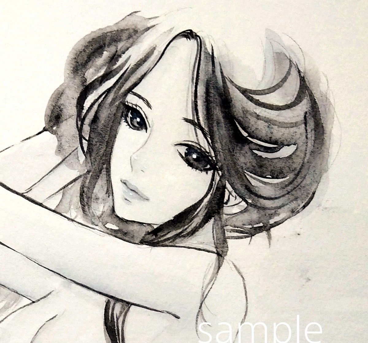 肉筆原画 水彩画 ドローイング モノクロ 白黒 水浴び ヌード グラビア