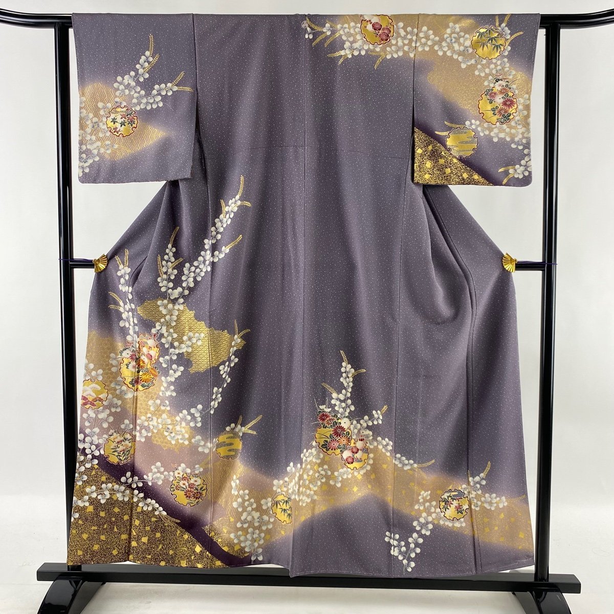 訪問着 秀品 一つ紋 雪輪 草花 金糸 金彩 灰紫 袷 身丈156cm 裄丈62cm S 正絹 【中古】