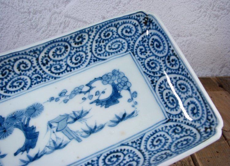 古伊万里 染付 蛸唐草文長皿No3 幅：20cm 江戸時代/23f029