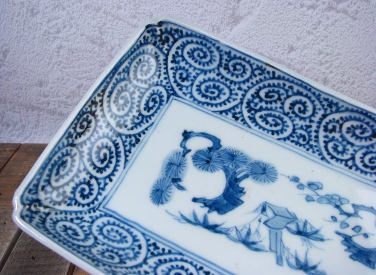 古伊万里 染付 蛸唐草文長皿No3 幅：20cm 江戸時代/23f029 染