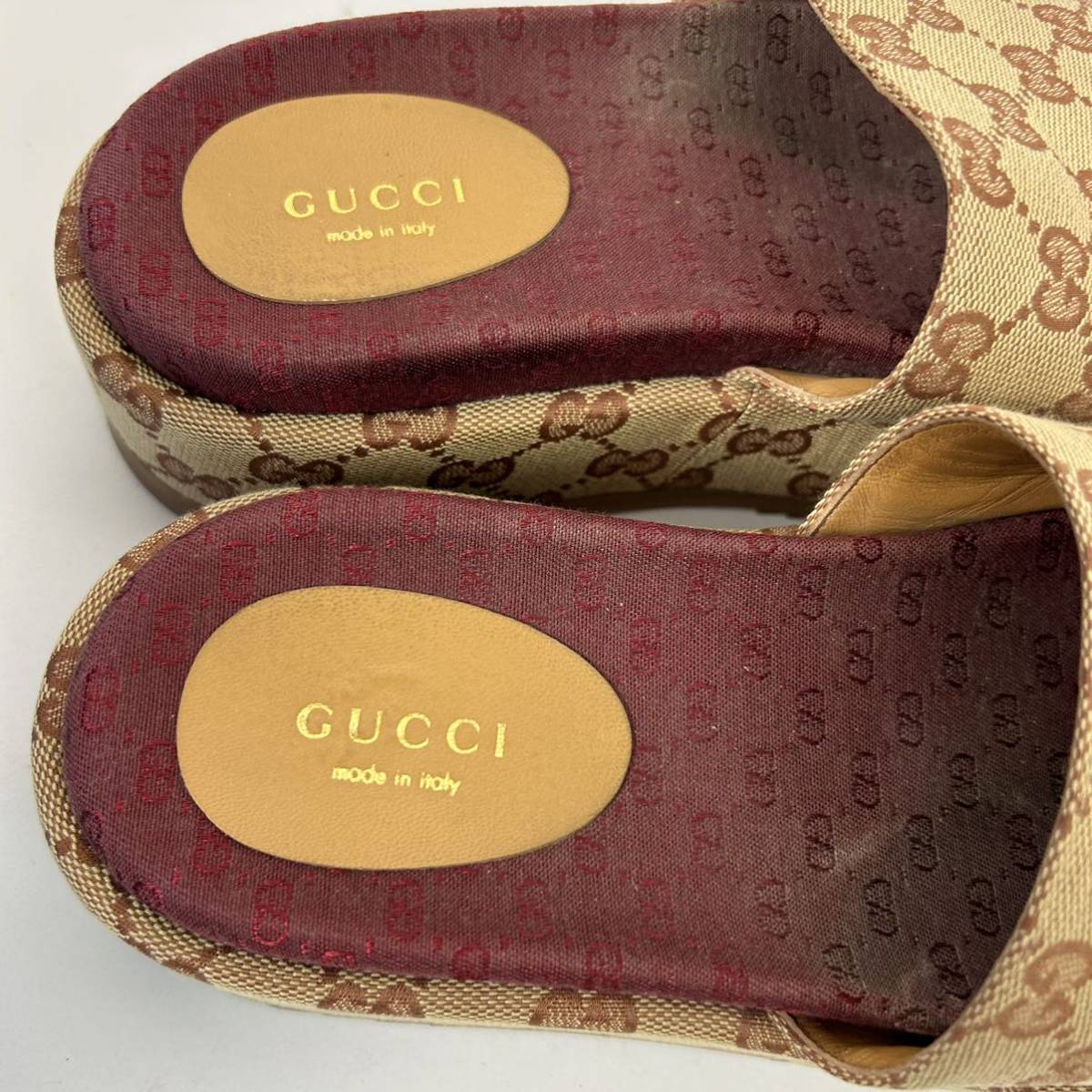 y182 GUCCI グッチ GG柄 厚底 サンダル キャンバス レザー スリッパ
