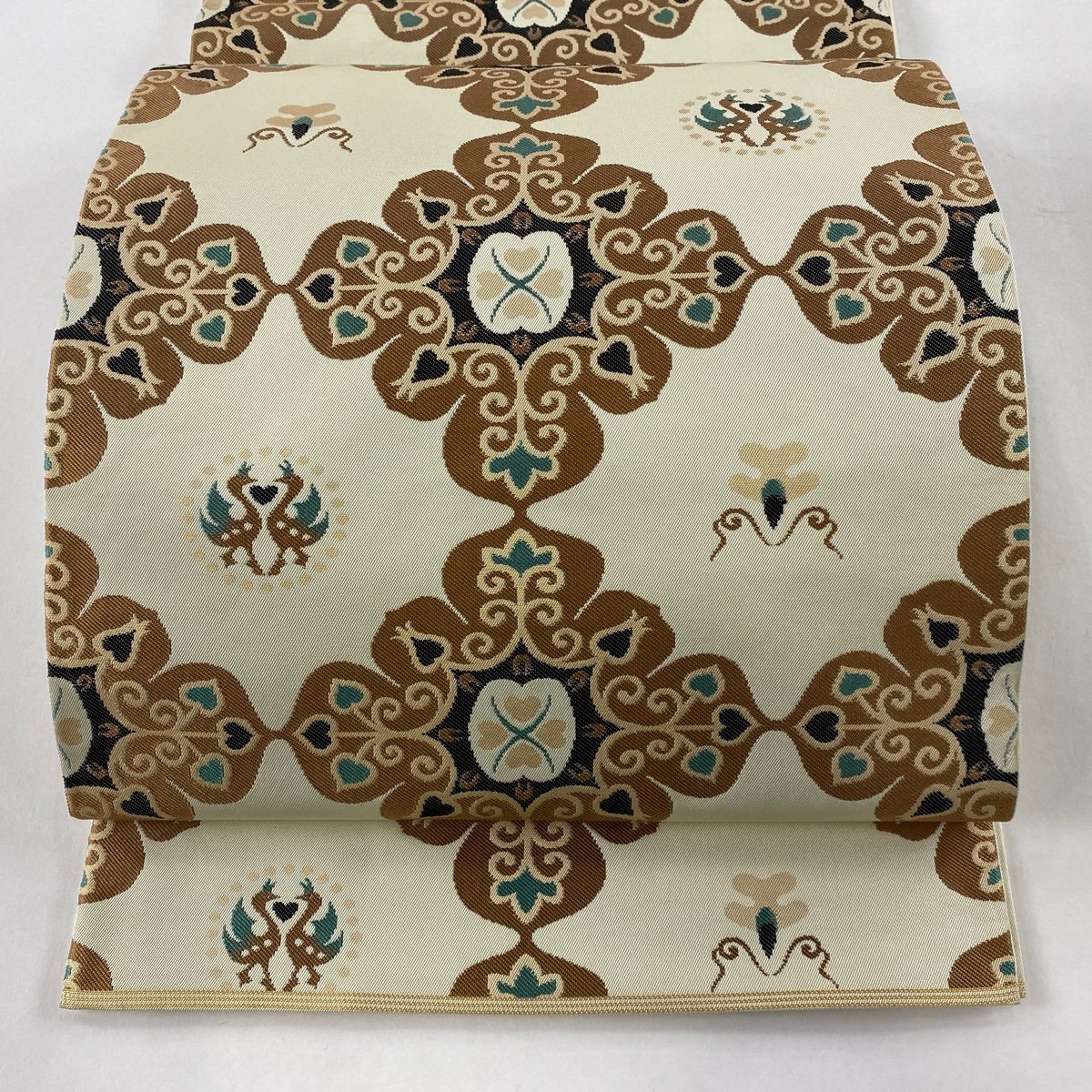 袋帯 美品 逸品 落款 川島織物 向かい鳥 幾何学模様 クリーム 六通 正絹 【中古】 帯 袋帯