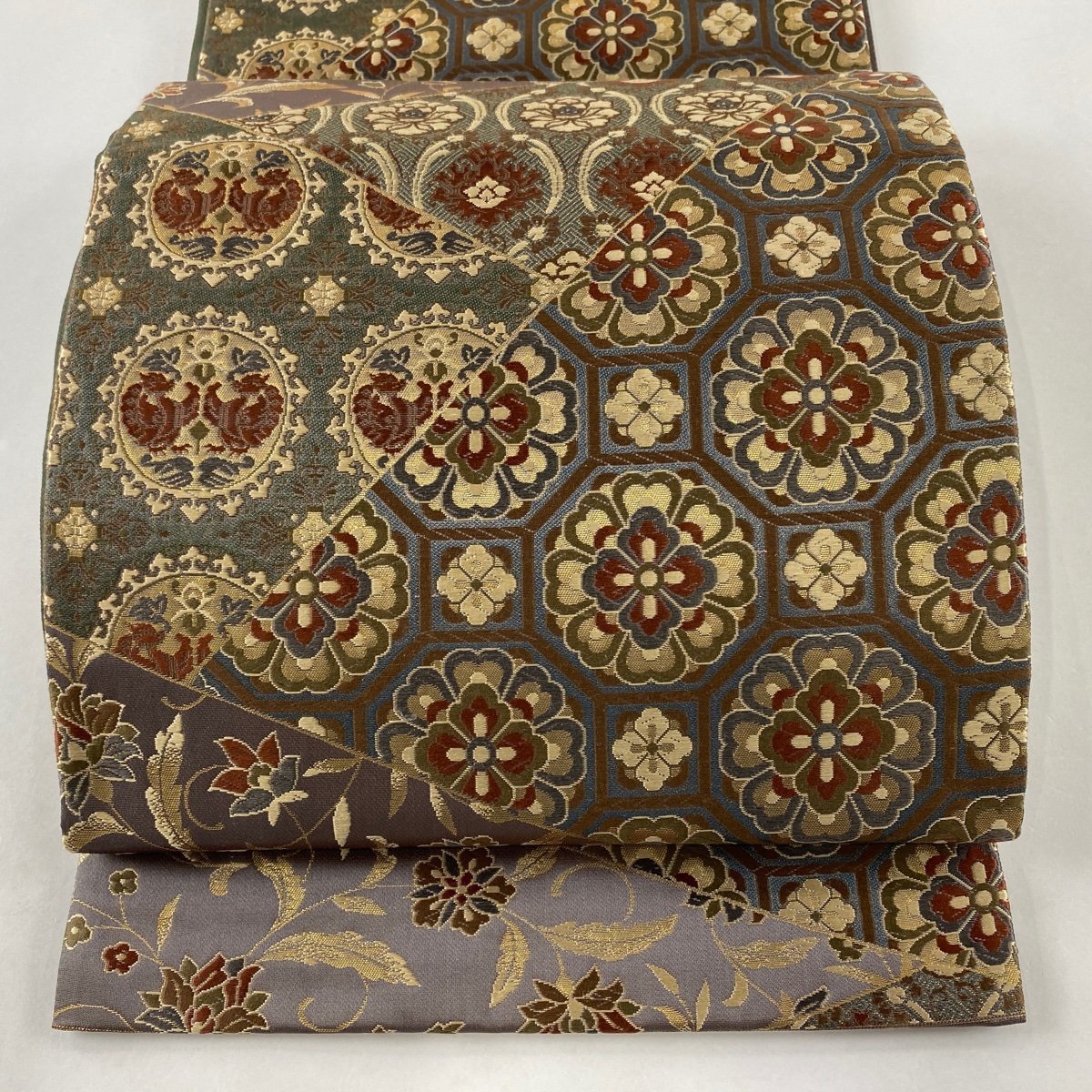 袋帯 美品 秀品 華文 花唐草 箔 茶緑色 六通 正絹 【中古】 【公式通販】