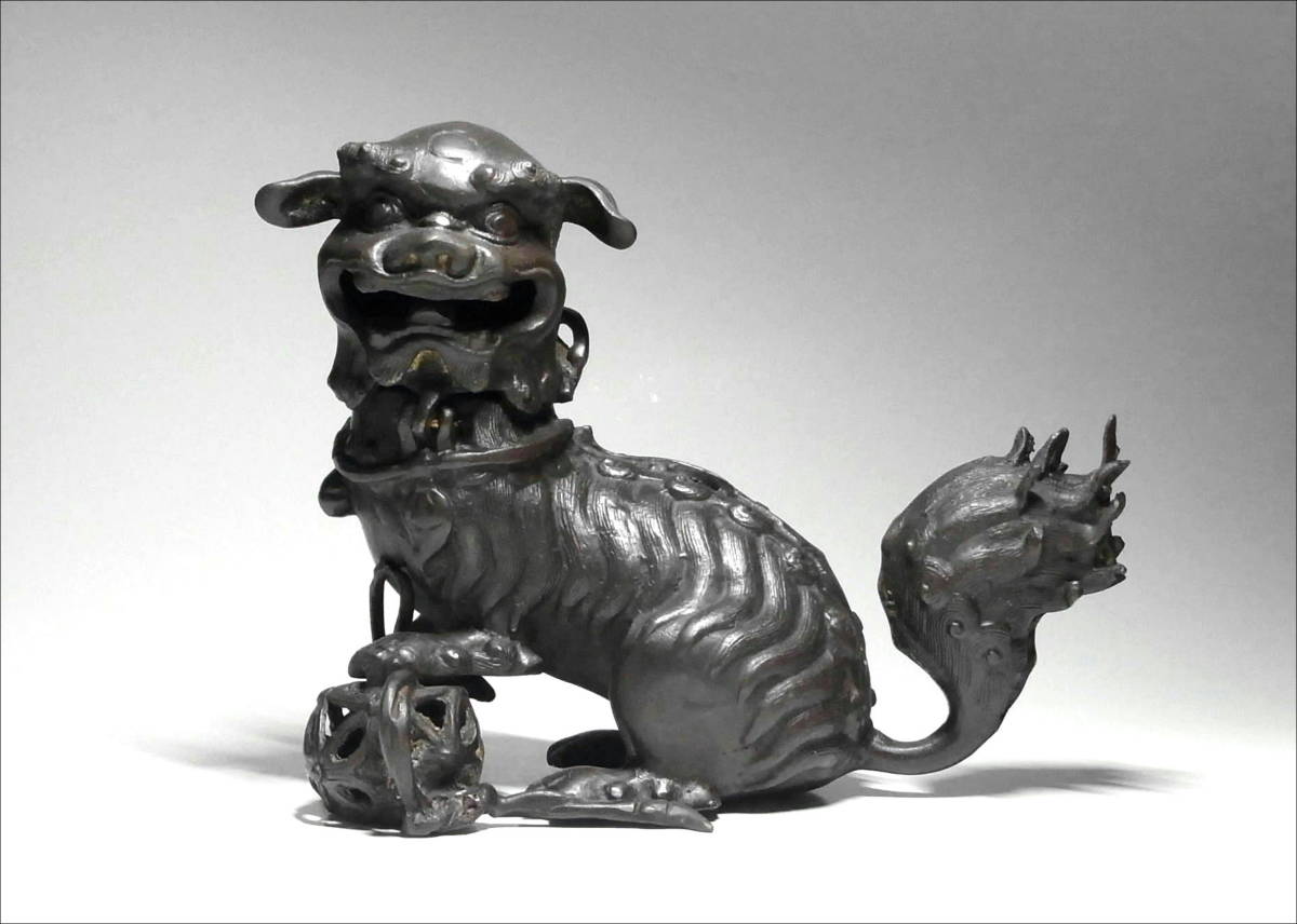 5□古銅□唐物 銅製 毬乗り獅子 香炉 香爐/香道具 中国古玩