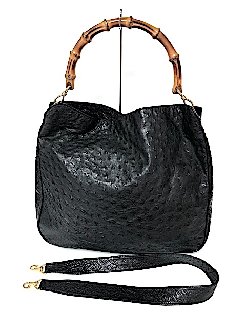 二点以上で送料無料！ G30 美品 GUCCI グッチ バンブー オーストリッチ 2WAY クロスボディ ハンドバッグ ショルダー レディース ブラック