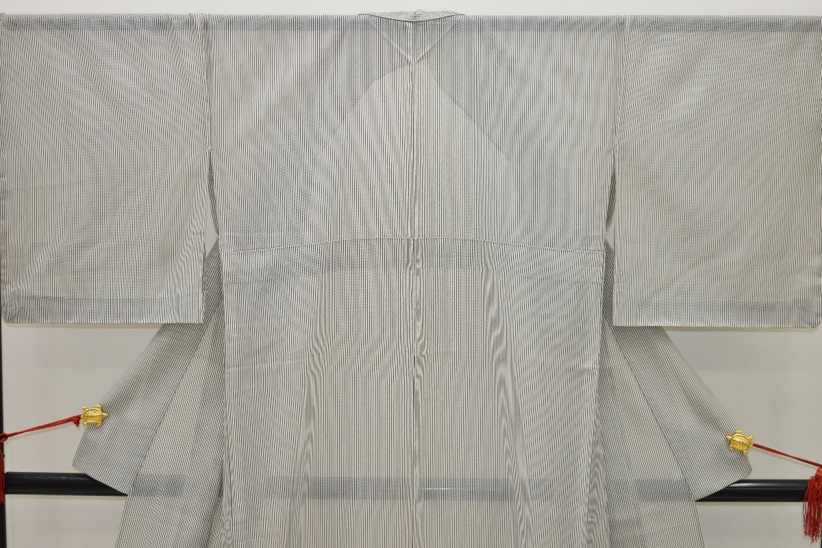 【ちどりや】1円開始 未使用品 美品 正絹 経絽 小紋 夏着物 広衿 身丈167.5/裄68cm TL寸 背伏せ仕立 鈴乃屋扱い 透け感 縞 白黒 躾付 G51