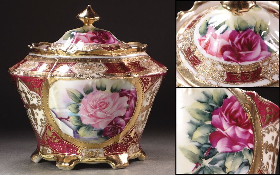 美品☆オールドノリタケ 1891年〜（カエデ印）金彩点盛り薔薇絵皿」