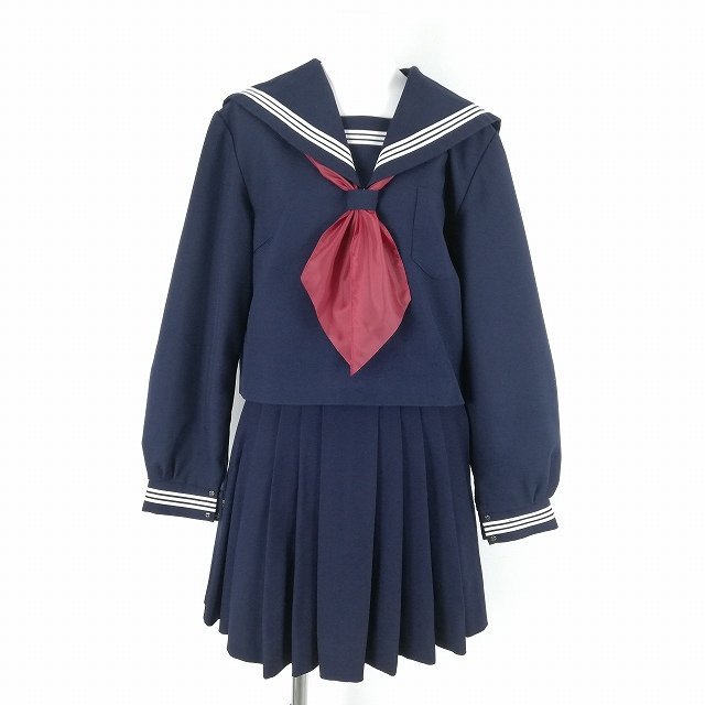 1円 セーラー服 ミニスカート スカーフ 上下3点セット 165B 大きいサイズ カンコー 冬物 白3本線 島根安来第一中学 紺 中古 ランクC NA7891
