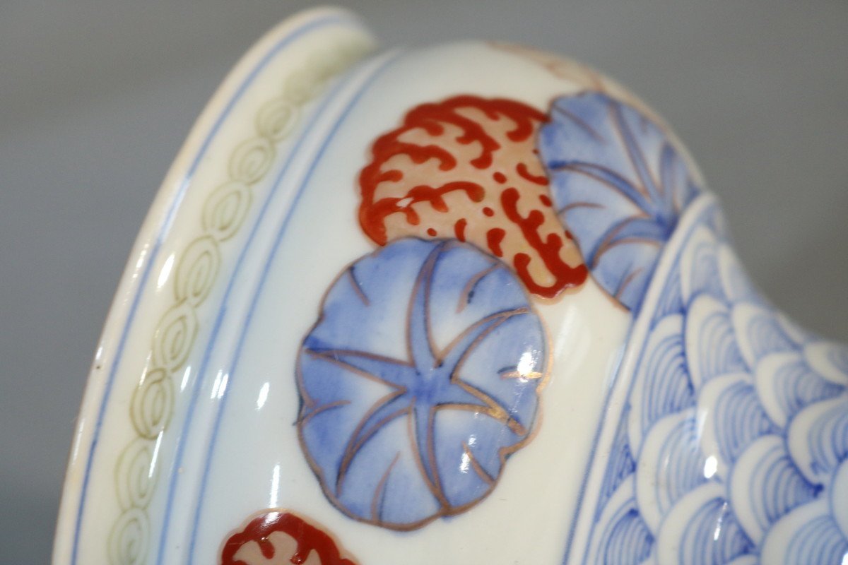 E241 伊万里色絵盃洗/和骨董/和食器/料理皿/朝顔図/見込み金魚図