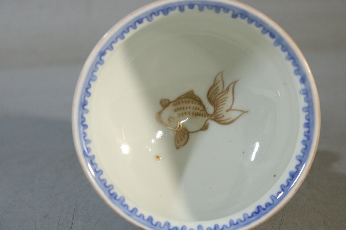 E241 伊万里色絵盃洗/和骨董/和食器/料理皿/朝顔図/見込み金魚図