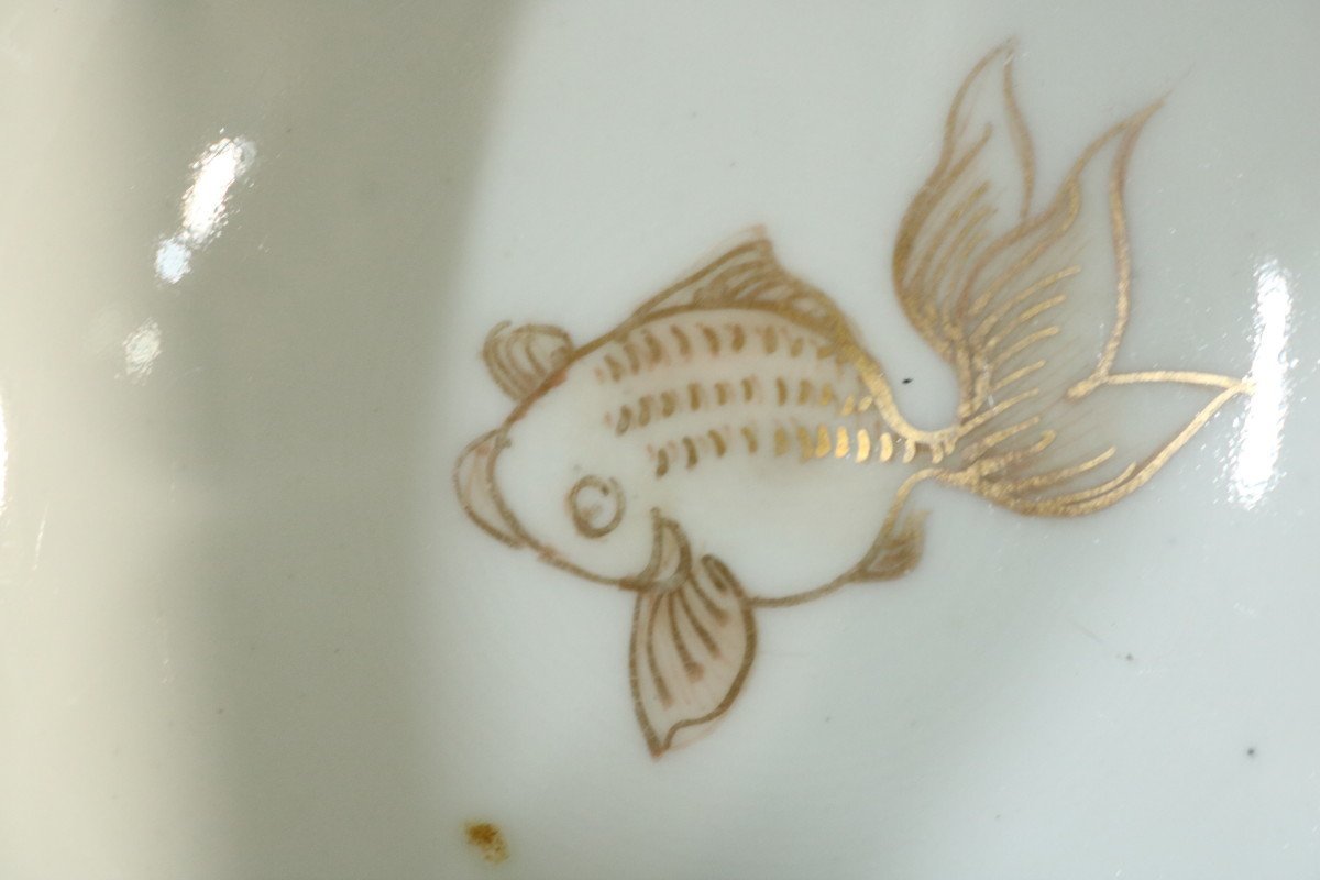 E241 伊万里色絵盃洗/和骨董/和食器/料理皿/朝顔図/見込み金魚図