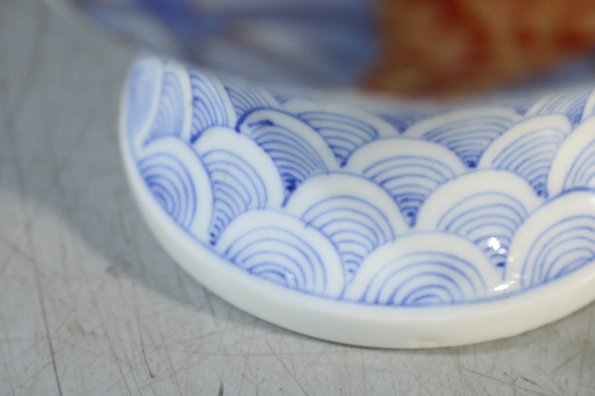 E241 伊万里色絵盃洗/和骨董/和食器/料理皿/朝顔図/見込み金魚図