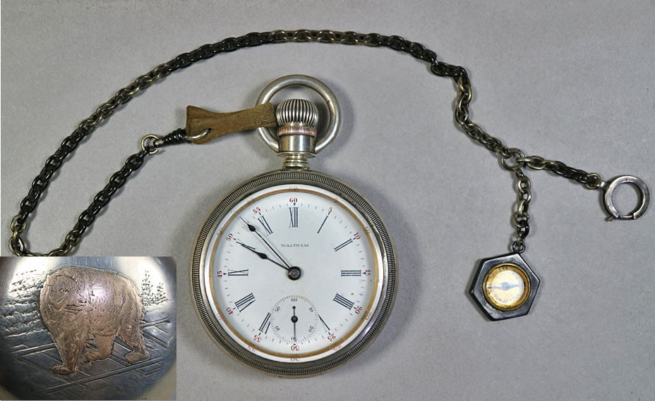 c アンティーク WALTHAM ウォルサム 懐中時計 銀時計 鉄道線路に熊文様  