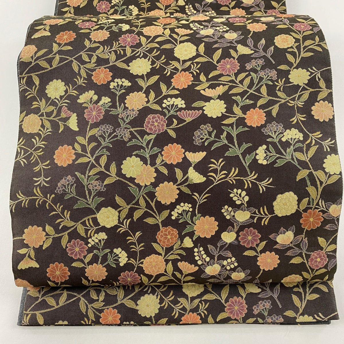 袋帯 美品 逸品 落款 となみ帯 麹塵染 草花 深緑 六通 正絹 【中古