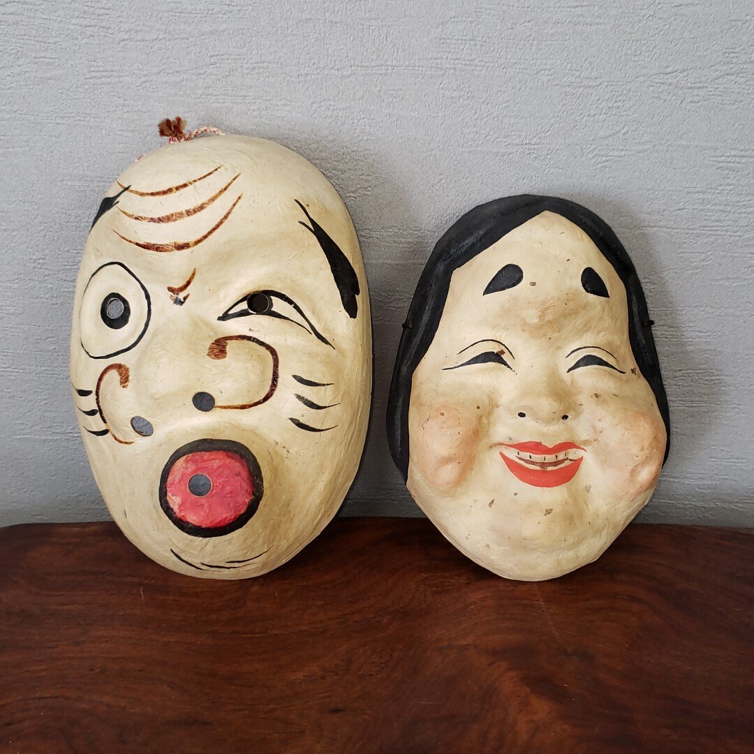 紙製 ひょっとこ＆おかめのお面 お面 能面 神楽面 能楽 伝統芸能