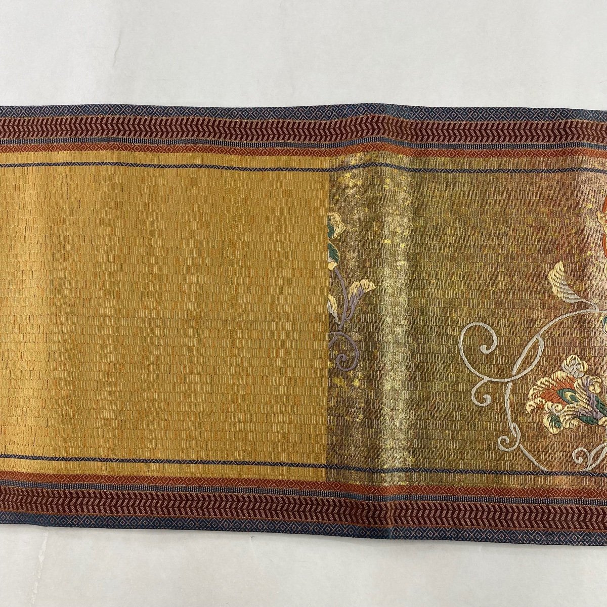 美品 袋帯 秀品 花唐草 金銀糸 箔 赤 六通 正絹 中古 袋帯