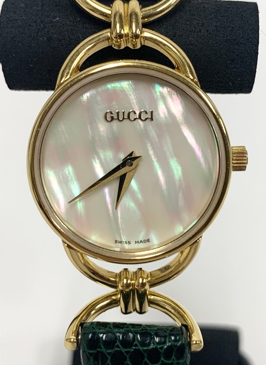 GUCCI グッチ 腕時計 時計 レディース腕時計 6000.2.L シェル クオーツ レザー ゴールド グリーン動作確認済