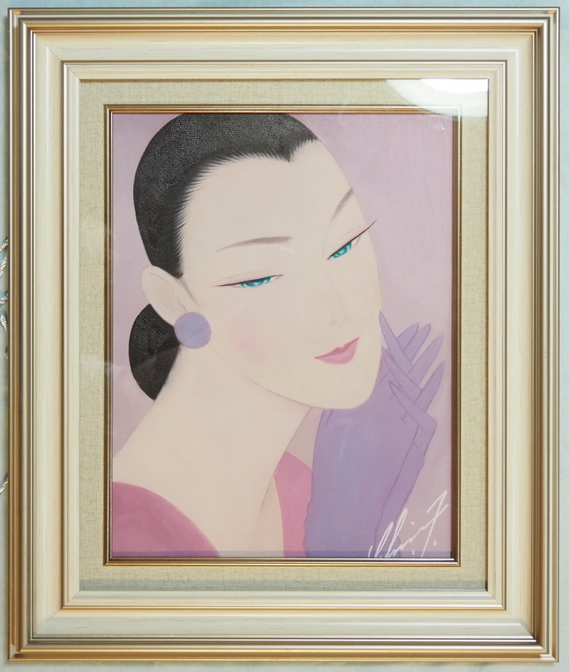 ◇ 人物画 美人像 紫色思い 日本 F6号画作 額縁有り 鶴田一郎 中古逸品