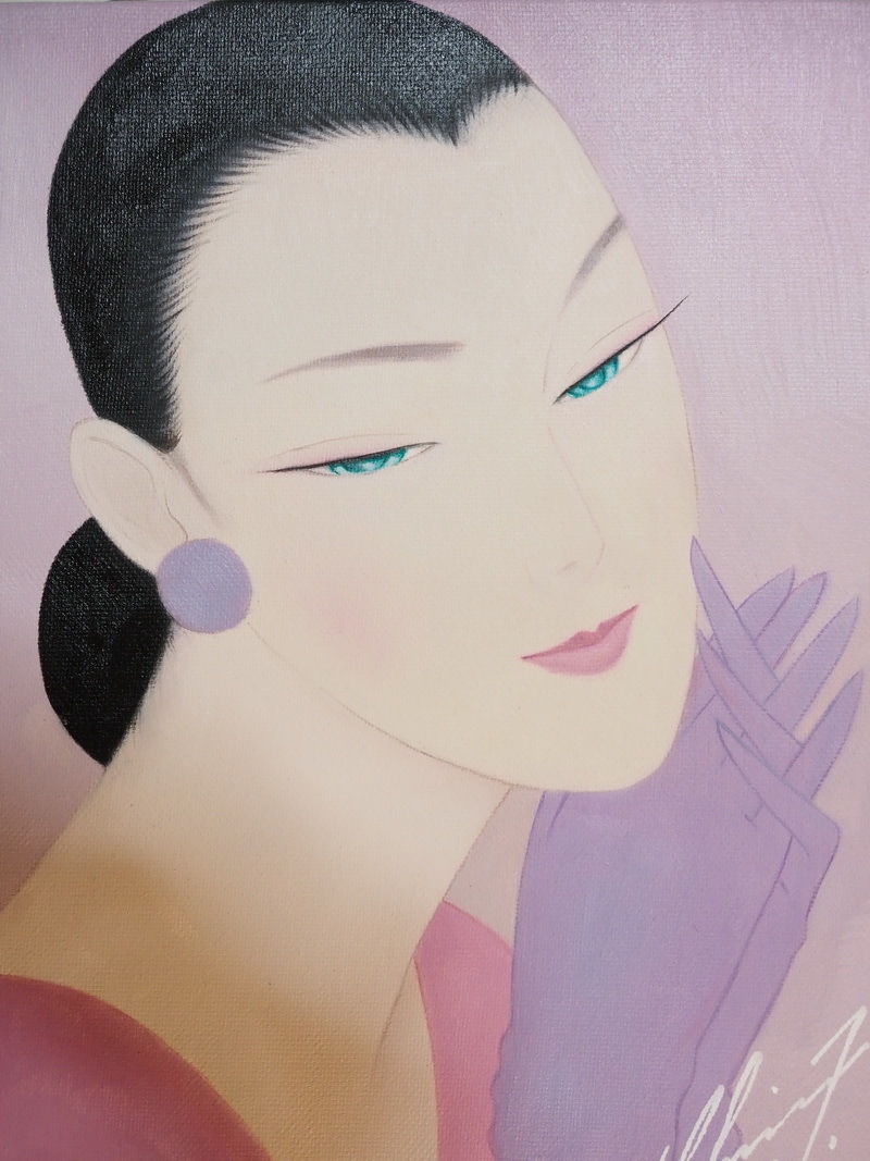 ◇ 人物画 美人像 紫色思い 日本 F6号画作 額縁有り 鶴田一郎 中古逸品