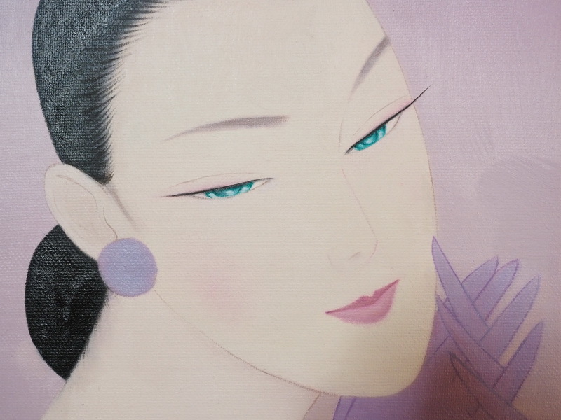 ◇ 人物画 美人像 紫色思い 日本 F6号画作 額縁有り 鶴田一郎 中古逸品