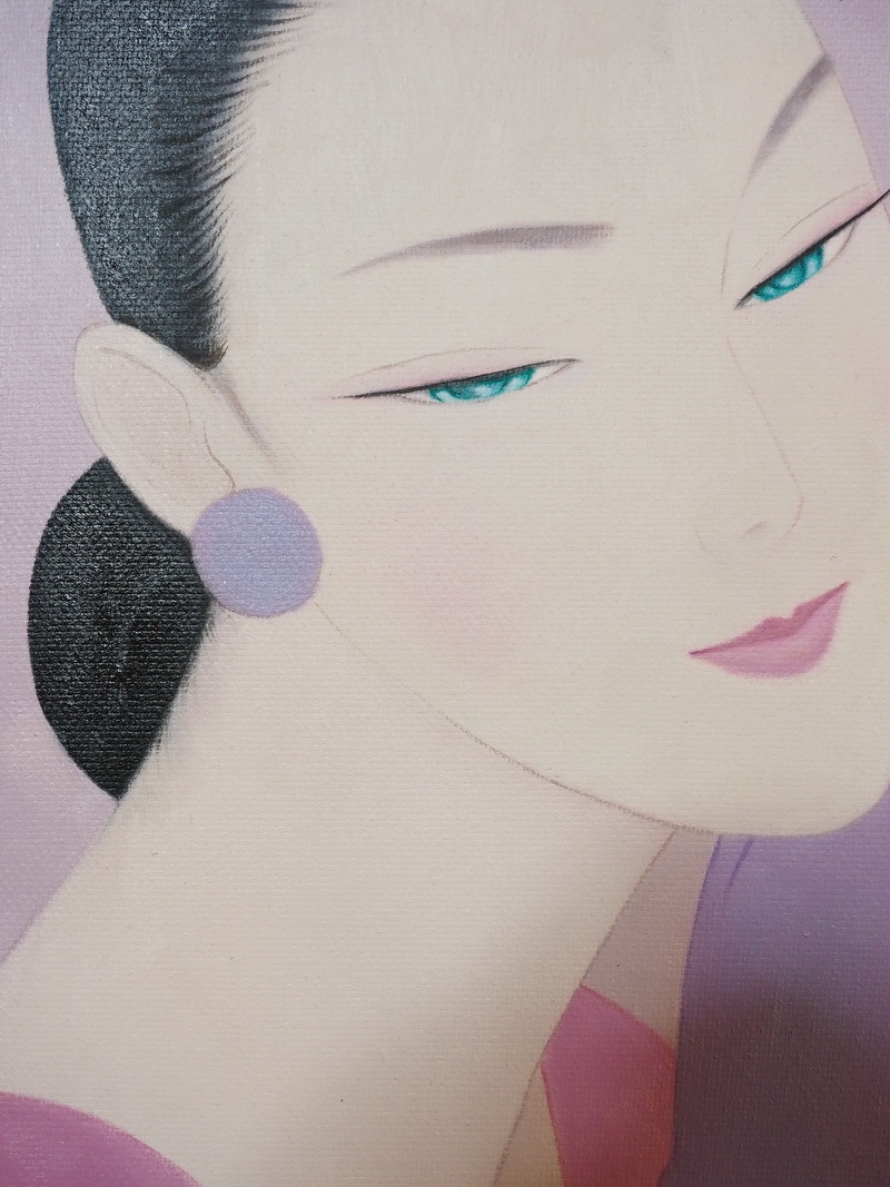 ◇ 人物画 美人像 紫色思い 日本 F6号画作 額縁有り 鶴田一郎 中古逸品