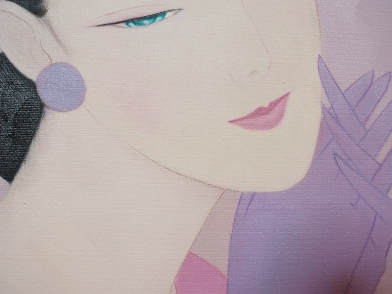 ◇ 人物画 美人像 紫色思い 日本 F6号画作 額縁有り 鶴田一郎 中古逸品