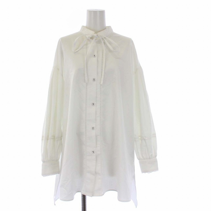 インゲボルグ INGEBORG ブラウス シャツ 長袖 バンドカラー レース リボン 白 ホワイト /KH レディース