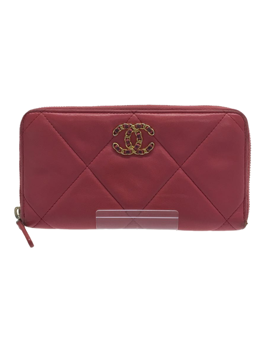 CHANEL◇長財布/レザー/PNK/無地/レディース/ラウンドファスナー 