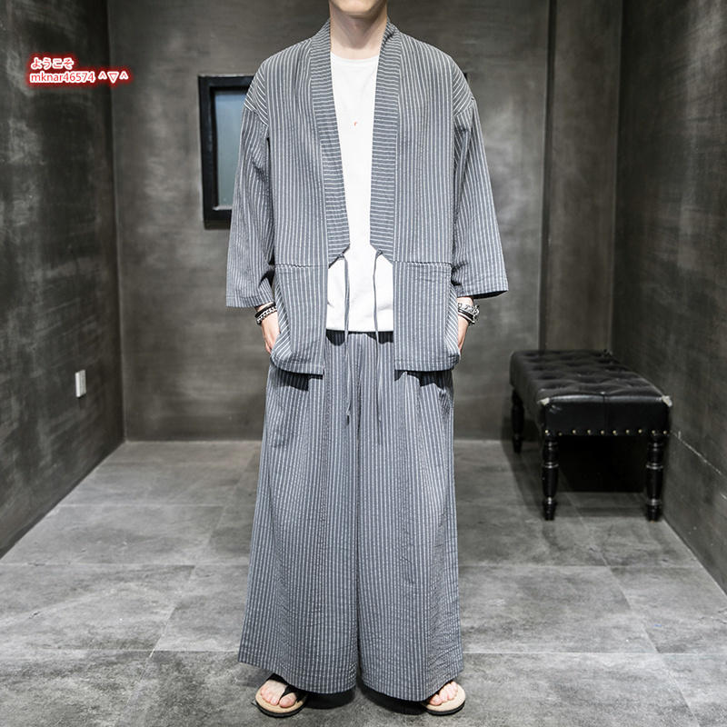 在庫処分■上下セット 超希少 夏新品 羽織 浴衣 メンズ リネン カーディガン サルエルパンツ セットアップ 花火大会 祭り グレー 5XL